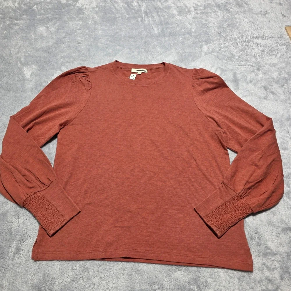 Madewell Women Medium Faded Brick Long Sleeve Smocked Cuff‎ Puff Shoulder Top
